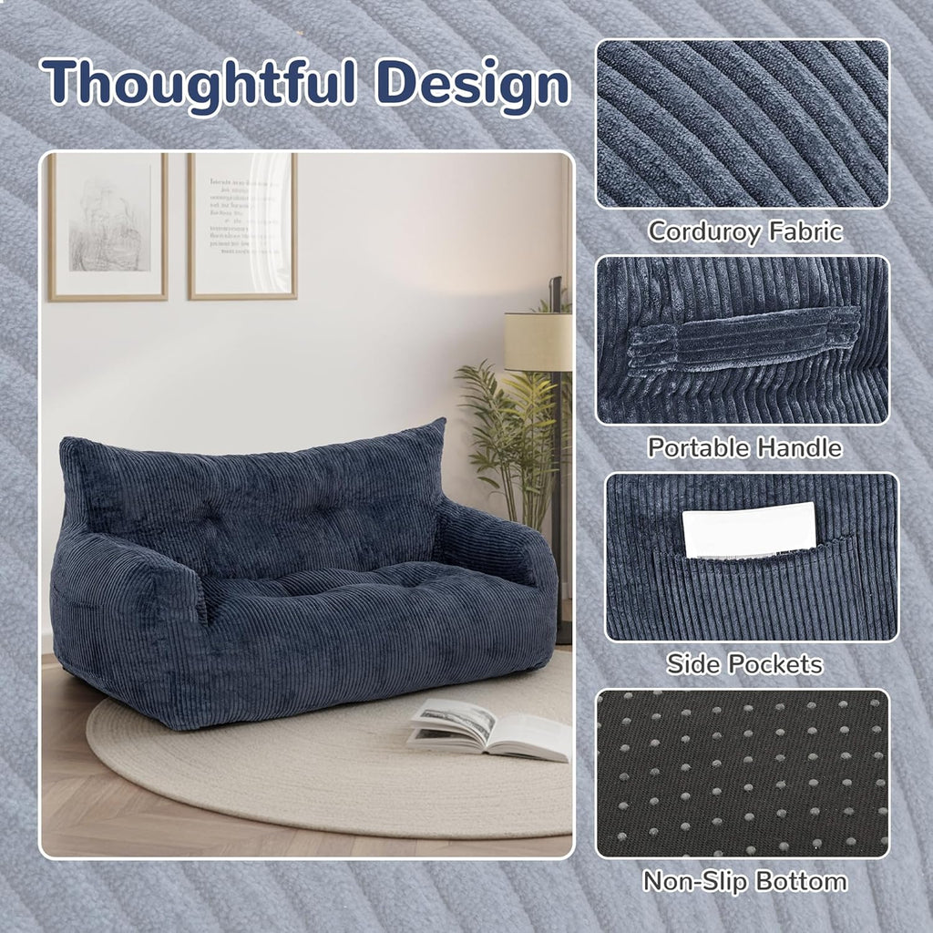 59" Bean Bag Chair,2 Seat Loveseat Sofa,Corduroy Lazy Sofa Bed for Adults,Fit Living Room, Bedroom,Outdoor Spaces,Ultra Soft Dutch Velvet,Fluffy Comfort Washable Cover,72h Rebound,Blue