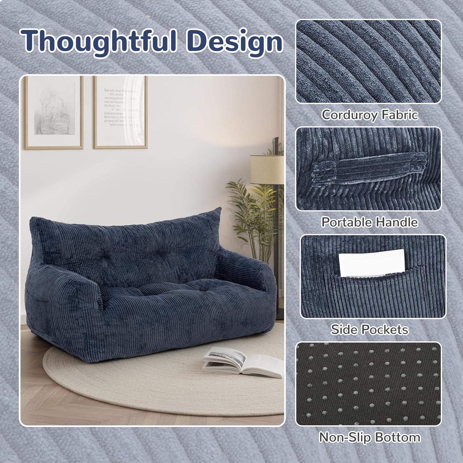59" Bean Bag Chair,2 Seat Loveseat Sofa,Corduroy Lazy Sofa Bed for Adults,Fit Living Room, Bedroom,Outdoor Spaces,Ultra Soft Dutch Velvet,Fluffy Comfort Washable Cover,72h Rebound,Blue