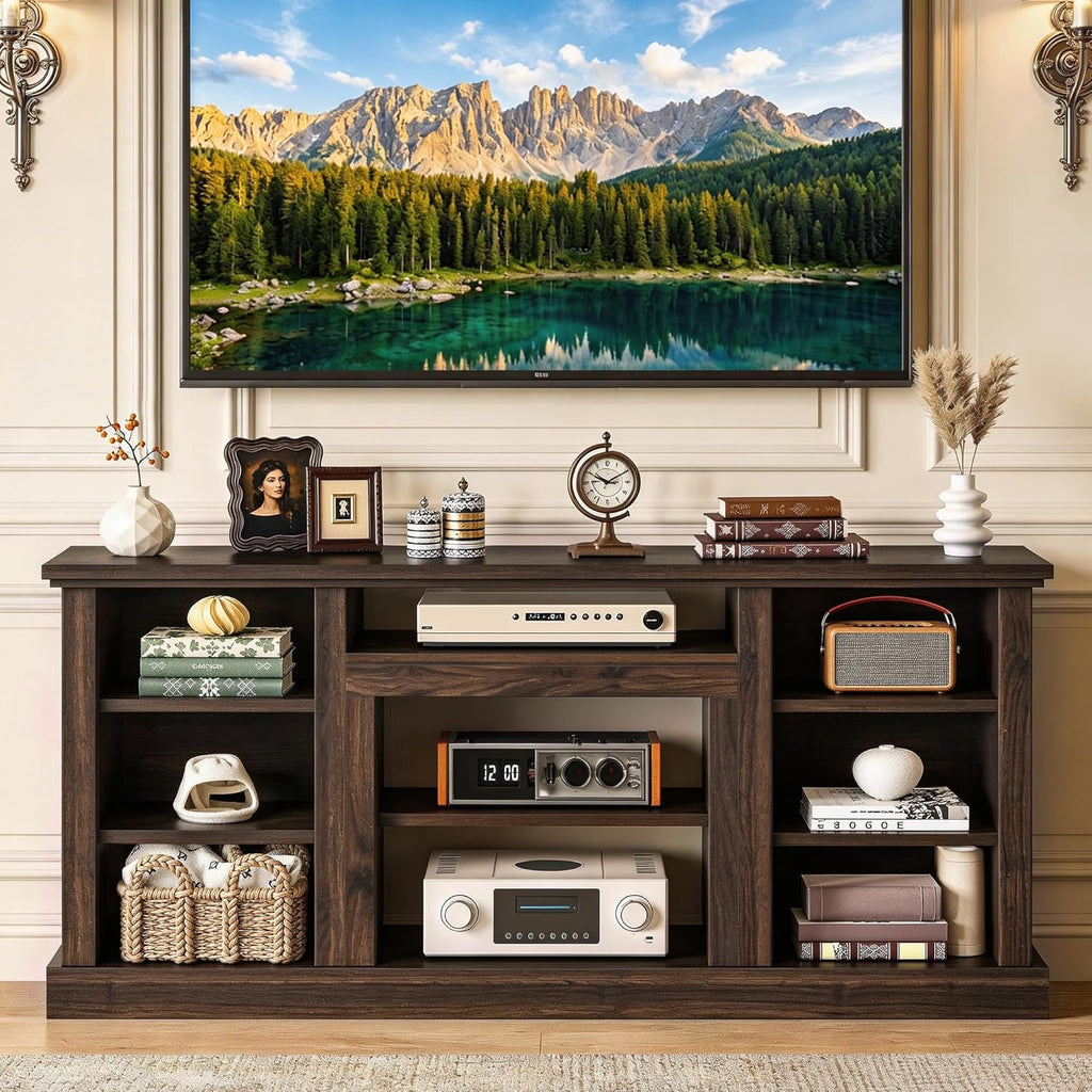 YITAHOME Farmhouse TV Stand for 75/80 Inch TVs, Entertainment Center with Adjustable Shelf & Open Storage, TV Console Table with Cord Management for Living Room, Bedroom (Walnut)