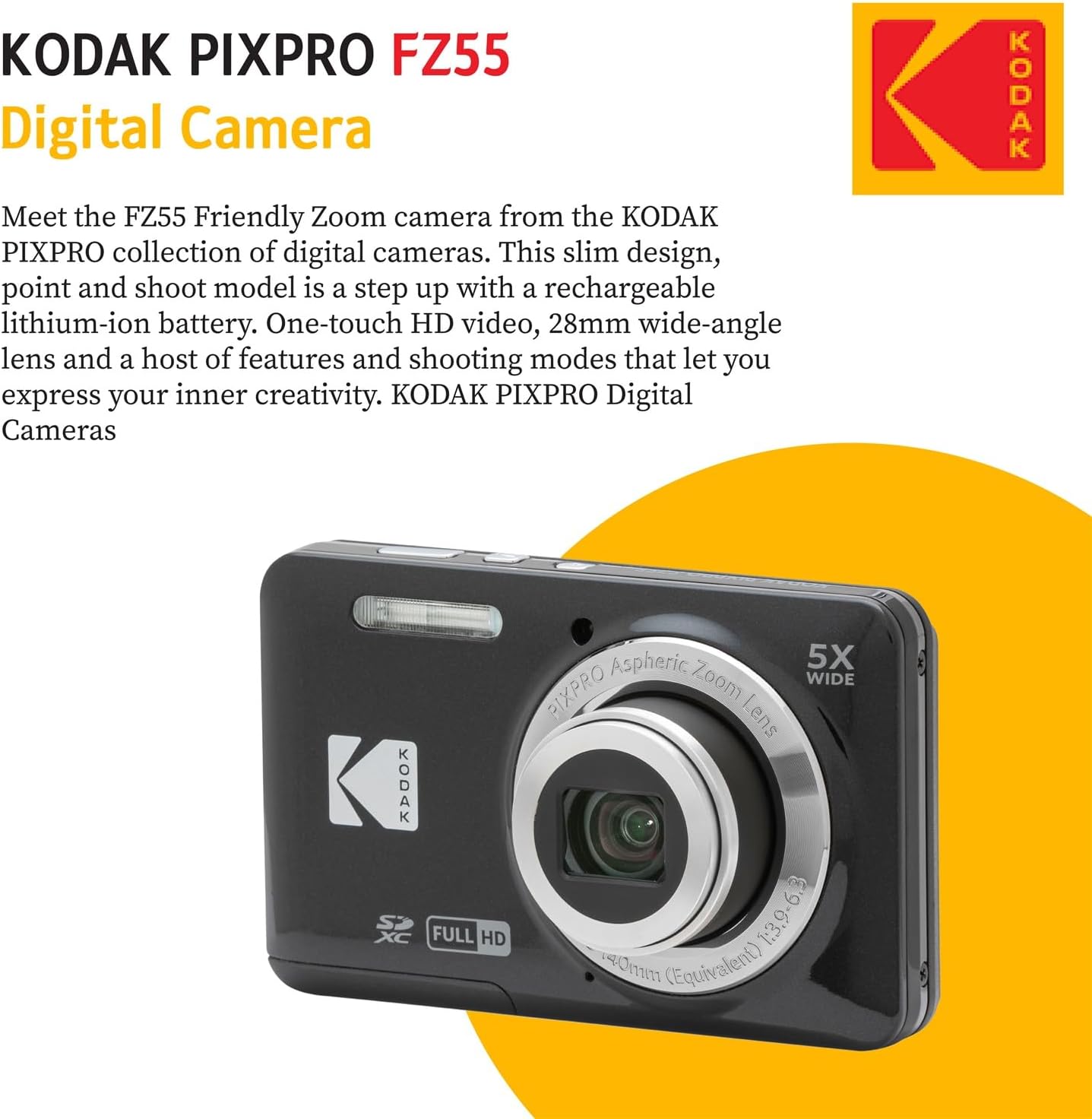 KODAK PIXPRO FZ55 16MP Digital Point & Shoot Camera, 5X Optical Zoom, 28mm Wide Angle, 1080P Full HD Video, Bundle with 32GB SD Card, Protective Case, and Hi-Speed Card Reader (Black)