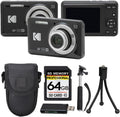 Kodak PIXPRO FZ55 Digital Camera, 16MP Compact Point & Shoot, 5X Optical Zoom, 28mm Wide Angle Lens, 1080P HD Video, Black + 64GB SD Card, Case, Selfie Stick, Mini Tripod & USB Card Reader
