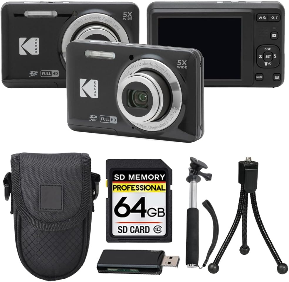 Kodak PIXPRO FZ55 Digital Camera, 16MP Compact Point & Shoot, 5X Optical Zoom, 28mm Wide Angle Lens, 1080P HD Video, Black + 64GB SD Card, Case, Selfie Stick, Mini Tripod & USB Card Reader