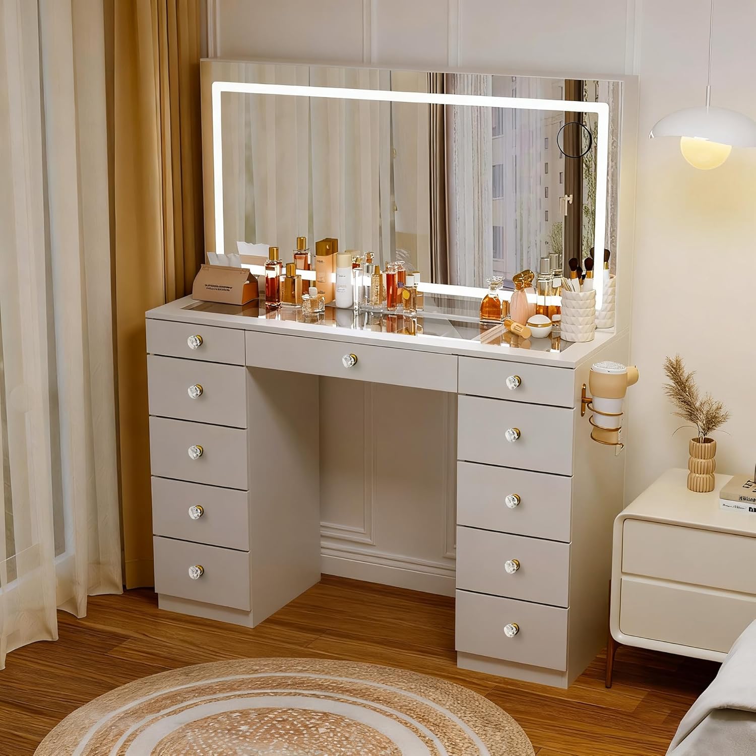 Pamapic Glass Top Vanity Desk with Crystal Handles and 11 Drawers, Makeup Vanity with Mirror and Lights, 3 Lighting Modes Dressing Table, Power Outlet, Silent Slides, White
