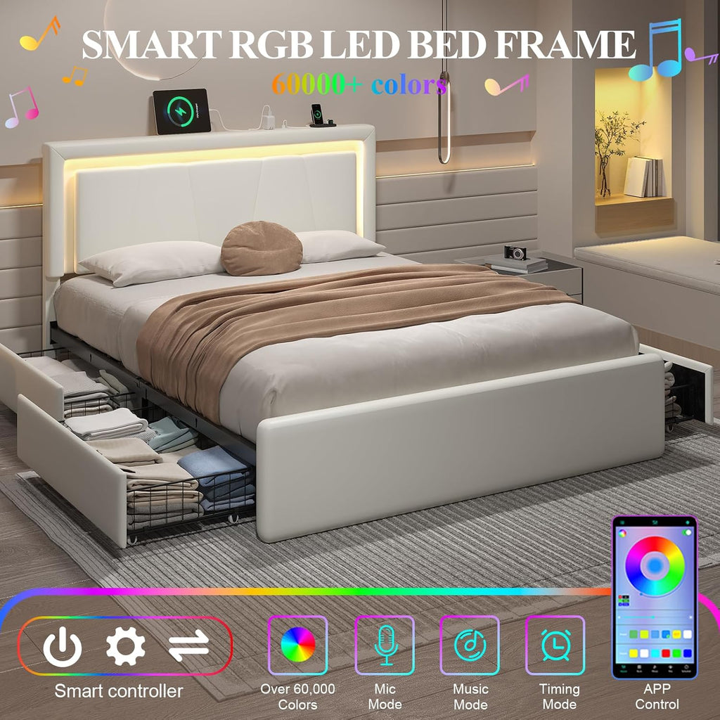 LoVinson Queen Size Bed Frame with 4 Storage Drawers, Charging Station and LED Light, Adjustable Upholstered Headboard, Noise-Free, No Box Spring Needed, Easy Assembly, White