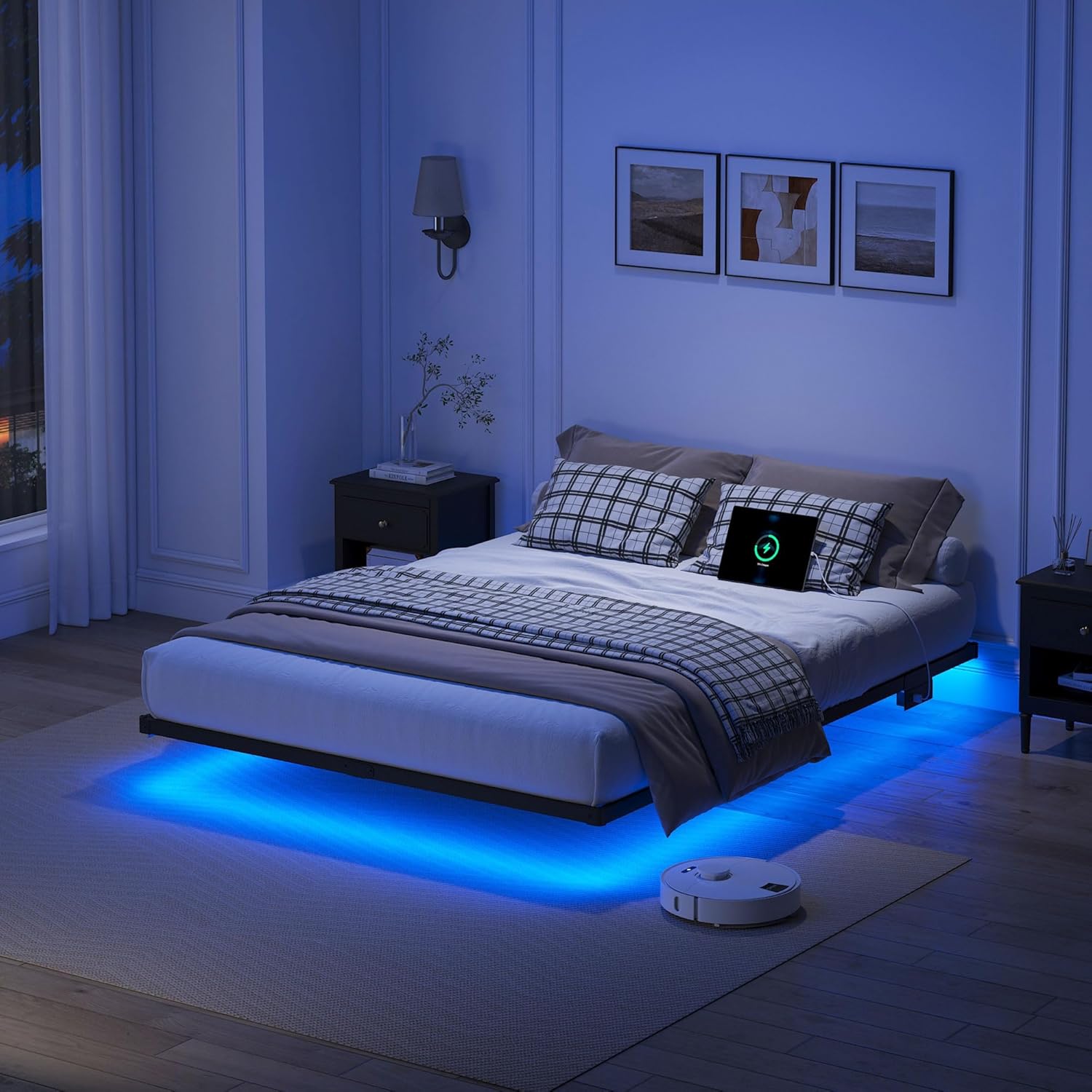 YORMDMO Floating Bed Frame Queen Size, Heavy Duty Bedframe with Smart LED Lights & Charging Station, Modern Metal Platform Bed, Easy Assembly No Box Spring Needed, 8 Inch