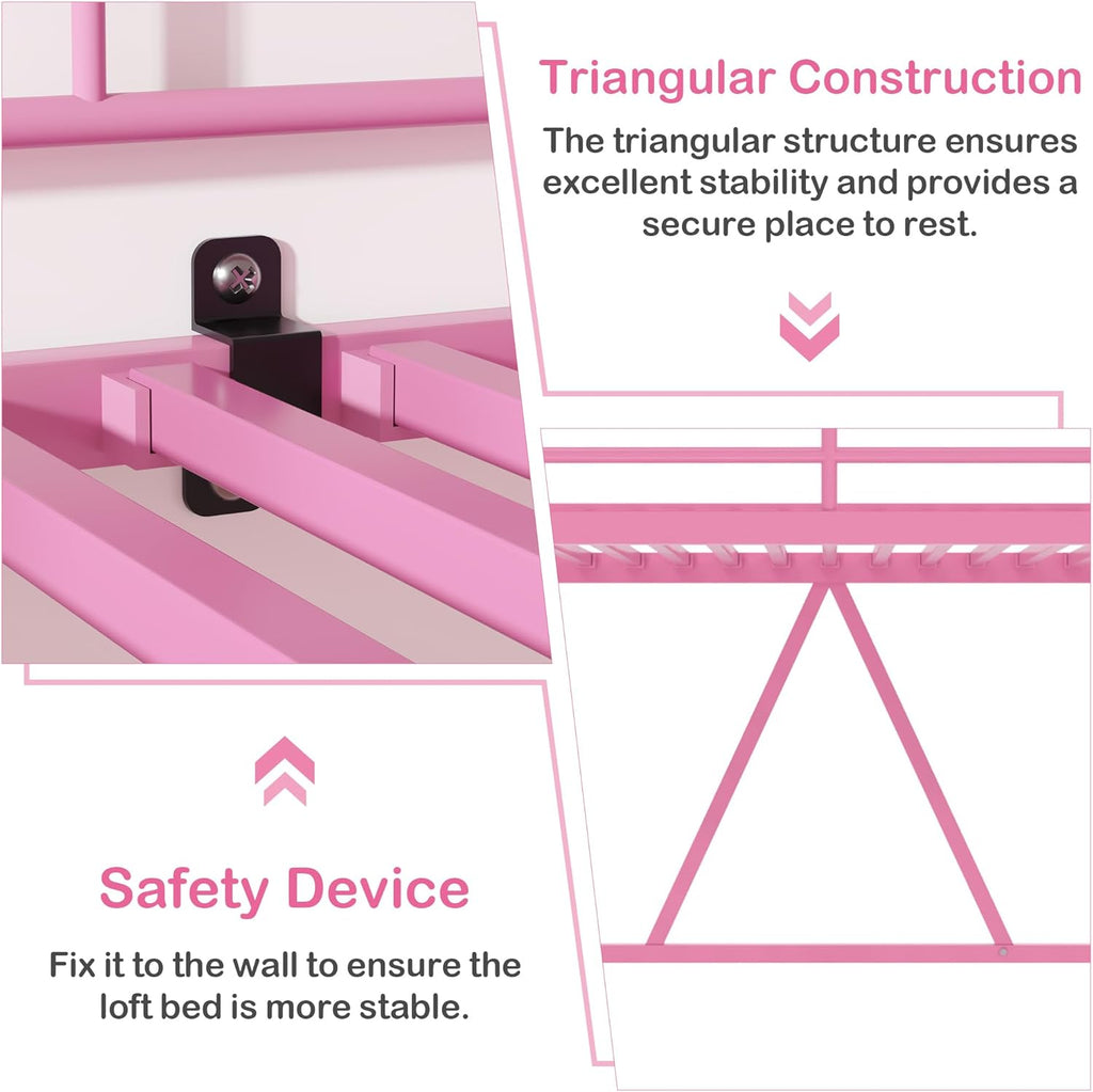 VECELO Loft Bed Twin Size, Metal Bedframe with Removable Ladder and Safety Guardrail, No Box Spring Needed, Space Saving, Noise Free, Light Pink