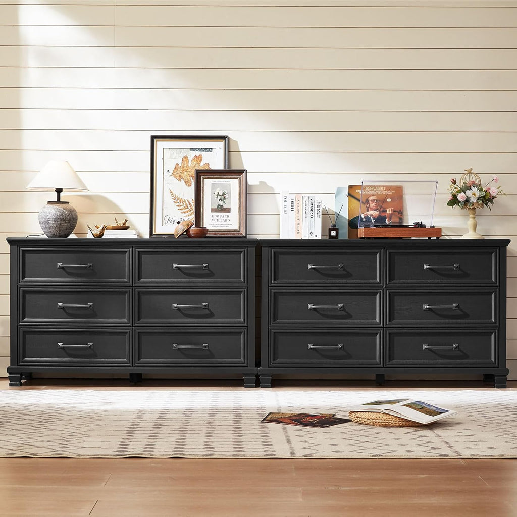 SAVOR LIFE Farmhouse Black Bedroom Sets of 4, Includes 6 Drawer Large Dresser, Vintage Night Stand with 3 Drawers, Small 5 Chest of Drawers, Wood Rustic Dresser & Nightstand Set for Bedroom, Home