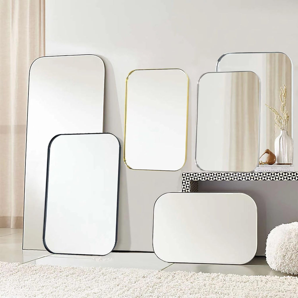 22x30'' Chrome Rounded Rectangle Bathroom Vanity Wall Mirror Stainless Steel Metal Framed Rectangular Bathroom Mirror, Vertical and Horizontal Hanging