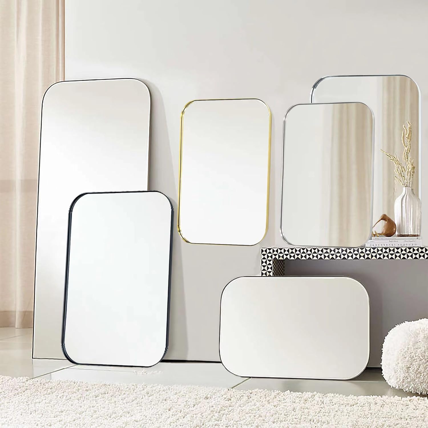 22x30'' Chrome Rounded Rectangle Bathroom Vanity Wall Mirror Stainless Steel Metal Framed Rectangular Bathroom Mirror, Vertical and Horizontal Hanging