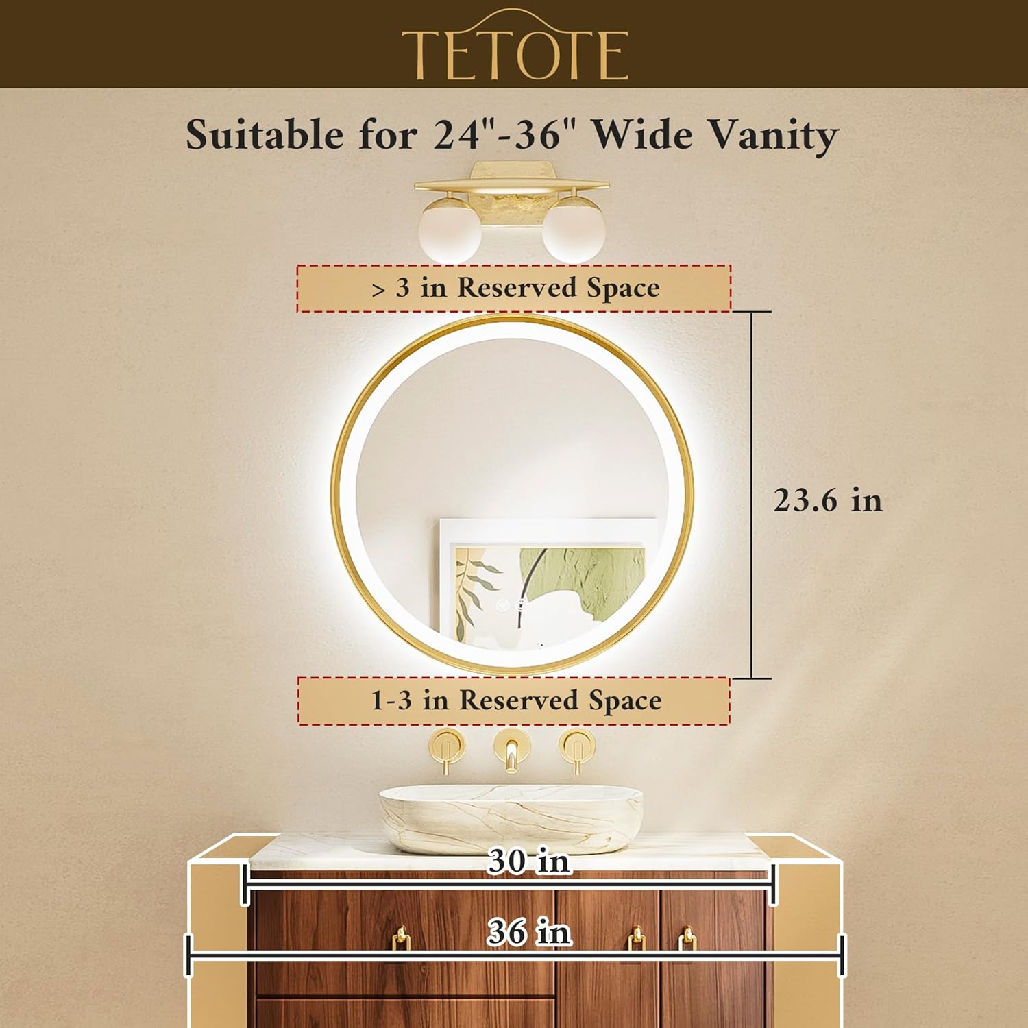 TETOTE Round Led Lighted Bathroom Mirror Matte Black Frame 24 Inch Front and Backlit Circle Round Light up Vanity Mirror with Lights, 3 Color Illuminated Dimmable Anti Fog Wall Mount, IP54 CRI 90+