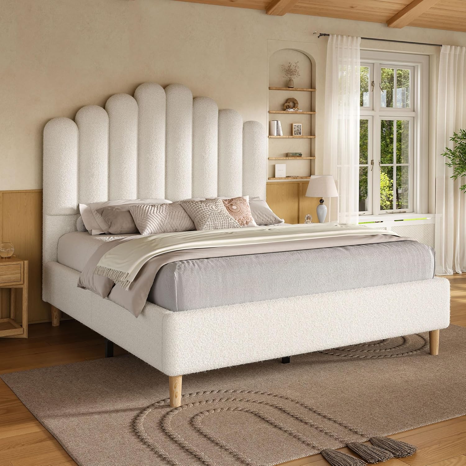 Full Size 57" Tall Boucle Bed Frame with Cloud Upholstered Headboard, Soft Bedframe with Round Corners, Solid Wood Legs, No Box Spring Needed, Easy Assembly, White