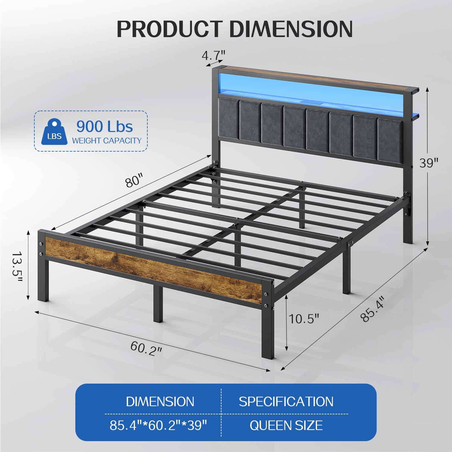 Liians Queen Size Bed Frame with 2-Tier Storage Shelves Headboard, Platform Bed with Charging Station, LED Lights No Box Spring Needed Noise Free