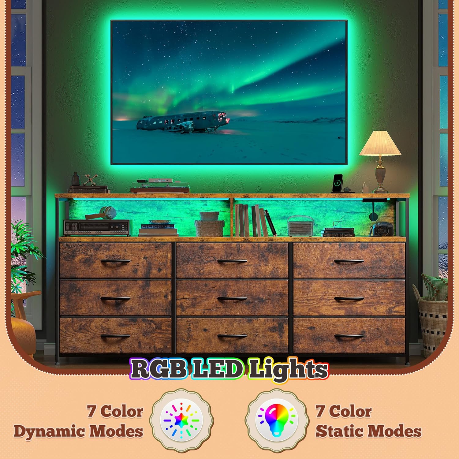 Romorgniz 55" W Dresser for Bedroom with 9 Drawers LED TV Stand with Power Outlets for 45, 55, 65 Inch TV Sturdy Long Chest of Drawers with Extra 2 Wooden Shelves Steel Frame Rustic Brown