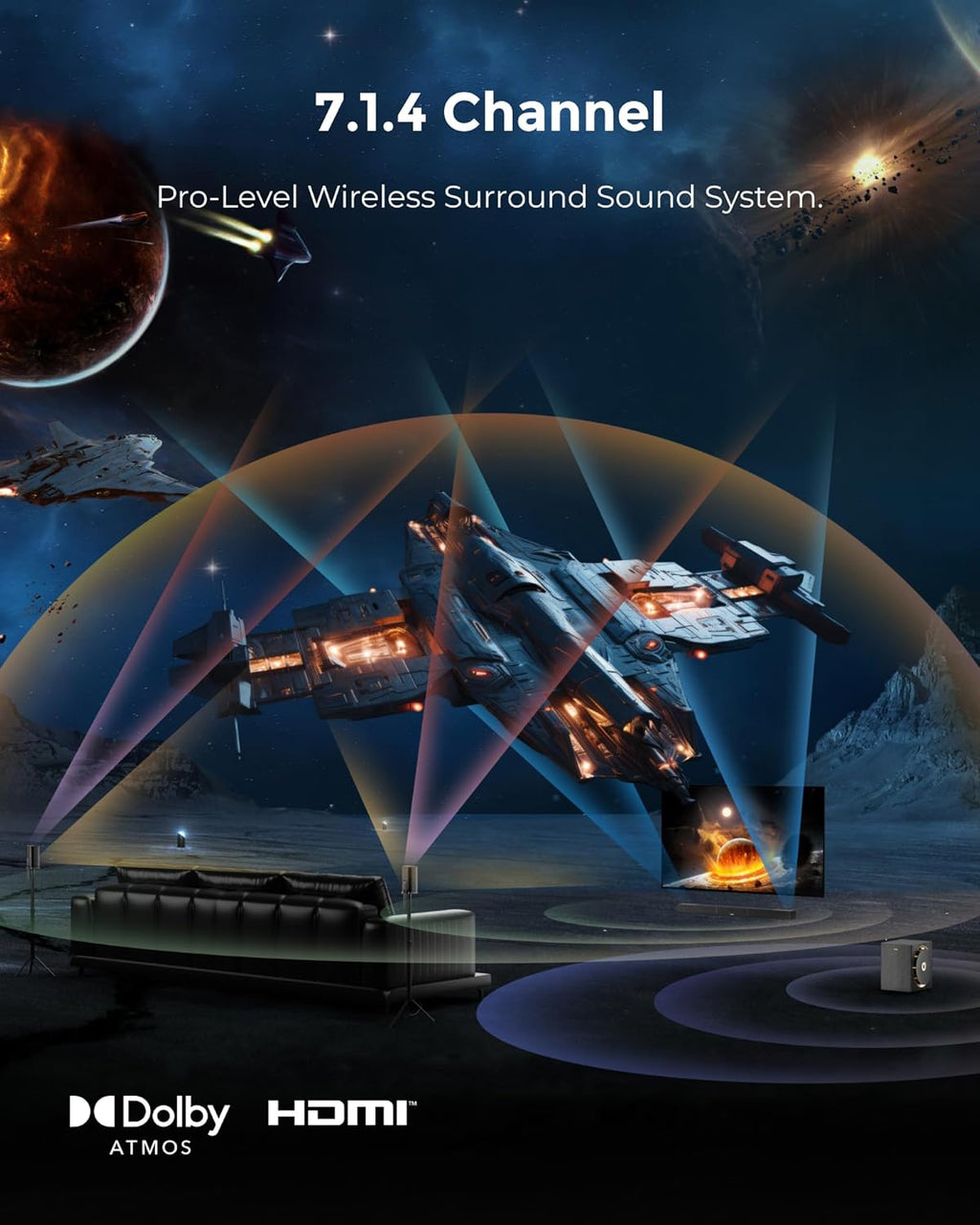 ULTIMEA Skywave X60 7.1.4ch Professional Wireless Surround Sound System for TV w/Dolby Atmos, 840W Sound Bar with 8" Wireless Subwoofer, 28Hz Low Frequency, GaN Amplifier, 4K HDR Pass-Through