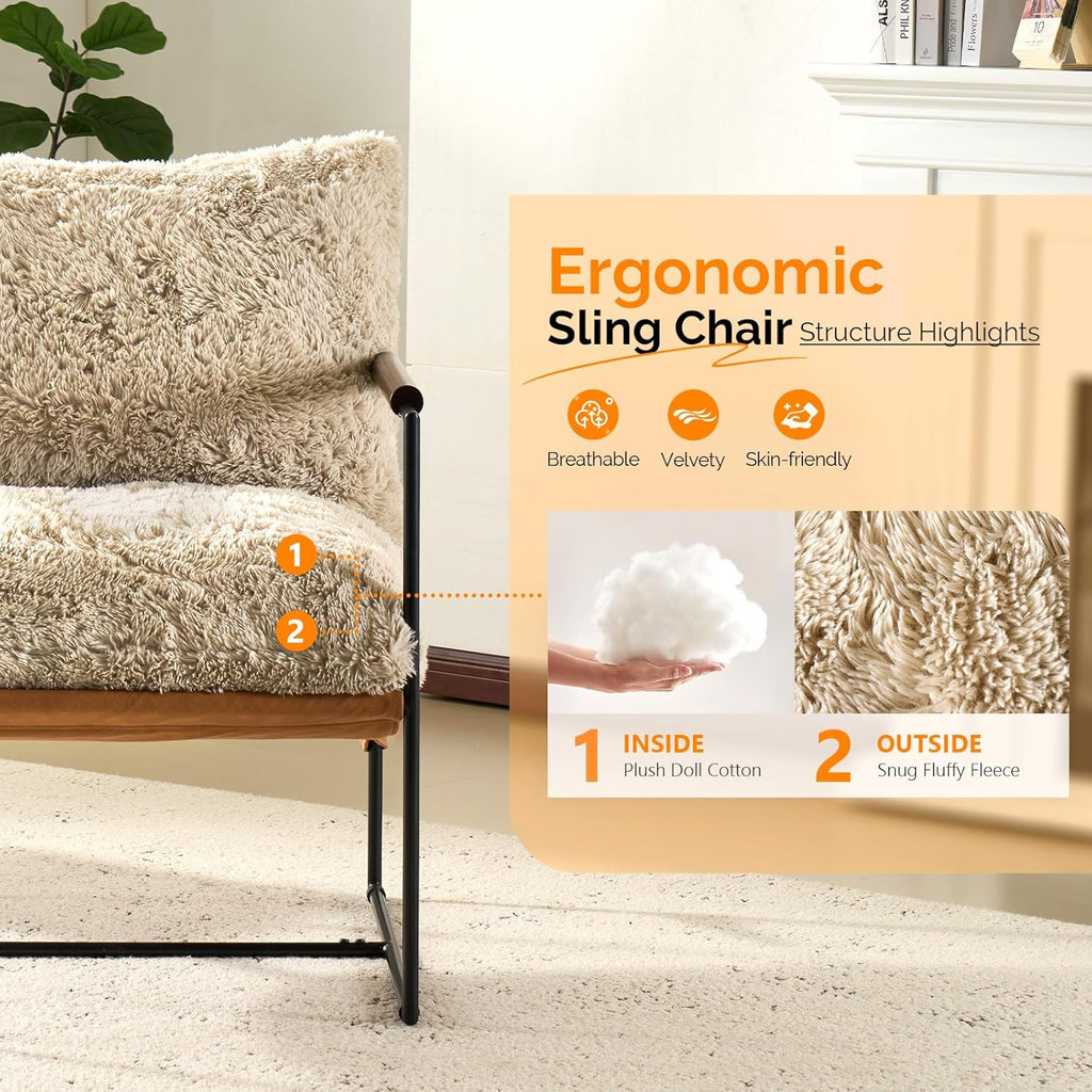 VINGLI 28" Wide Plush Upholstery Sling Modern Accent Chairs Set of 2, Cute Reading Armchair with Removable Seat Cushion & Tan Microfiber Seat Base, Lazy Chair for Bedroom & Lounge, Beige