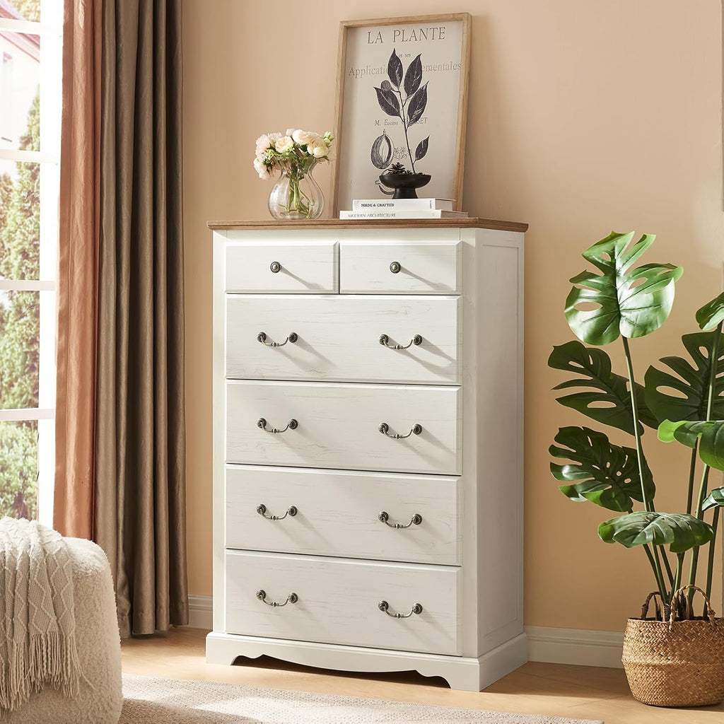 AMERLIFE Farmhouse 4 Pieces Bedroom Sets Includes 7 Drawers Dresser, 6 Dressers Organizer, Two Nightstands with Charging Station, White