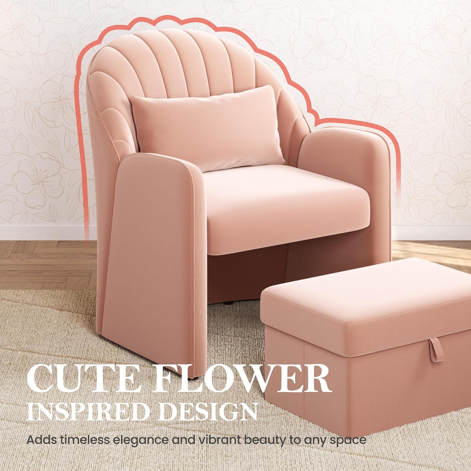 Yaheetech Small Barrel Accent Chair with Footrest Set of 2, Velvet Modern Comfy Cute Elegant Reading Chairs with Lumbar Pillow Storage Box for Living Room Bedroom, Pink Set of 2