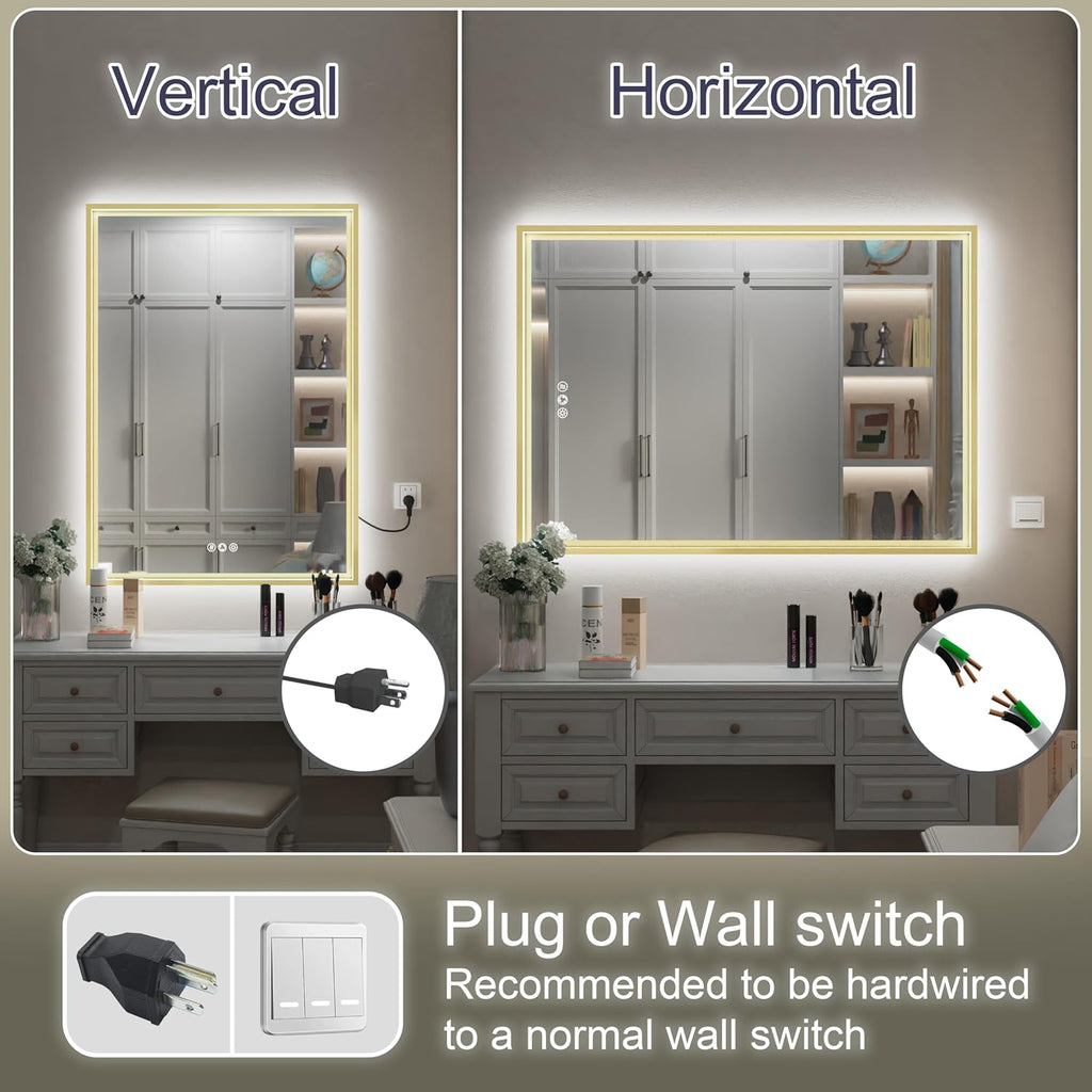 20x28 Inch Gold LED Mirror for Bathroom with Frontlit and Backlit, Adjustable 3000K/4500K/6000K, Wall Mounted Lighted Bathroom Vanity Mirror, Stepless Dimmable, Anti-Fog, Memory Function
