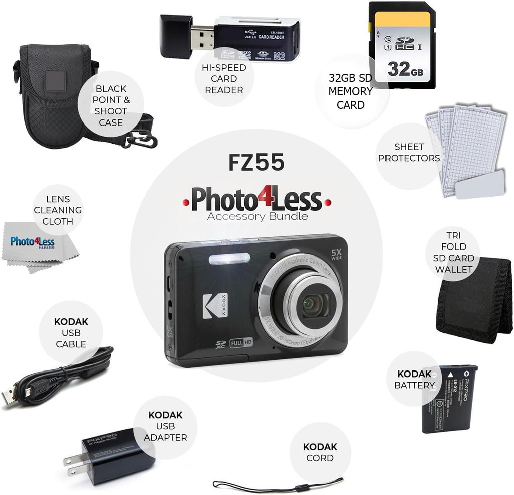 Kodak PIXPRO FZ55 Digital Camera (Black) + Black Point & Shoot Camera Case + Transcend 64GB SD Memory Card + Tri-fold Memory Card Wallet + Hi-Speed SD USB Card Reader + More!