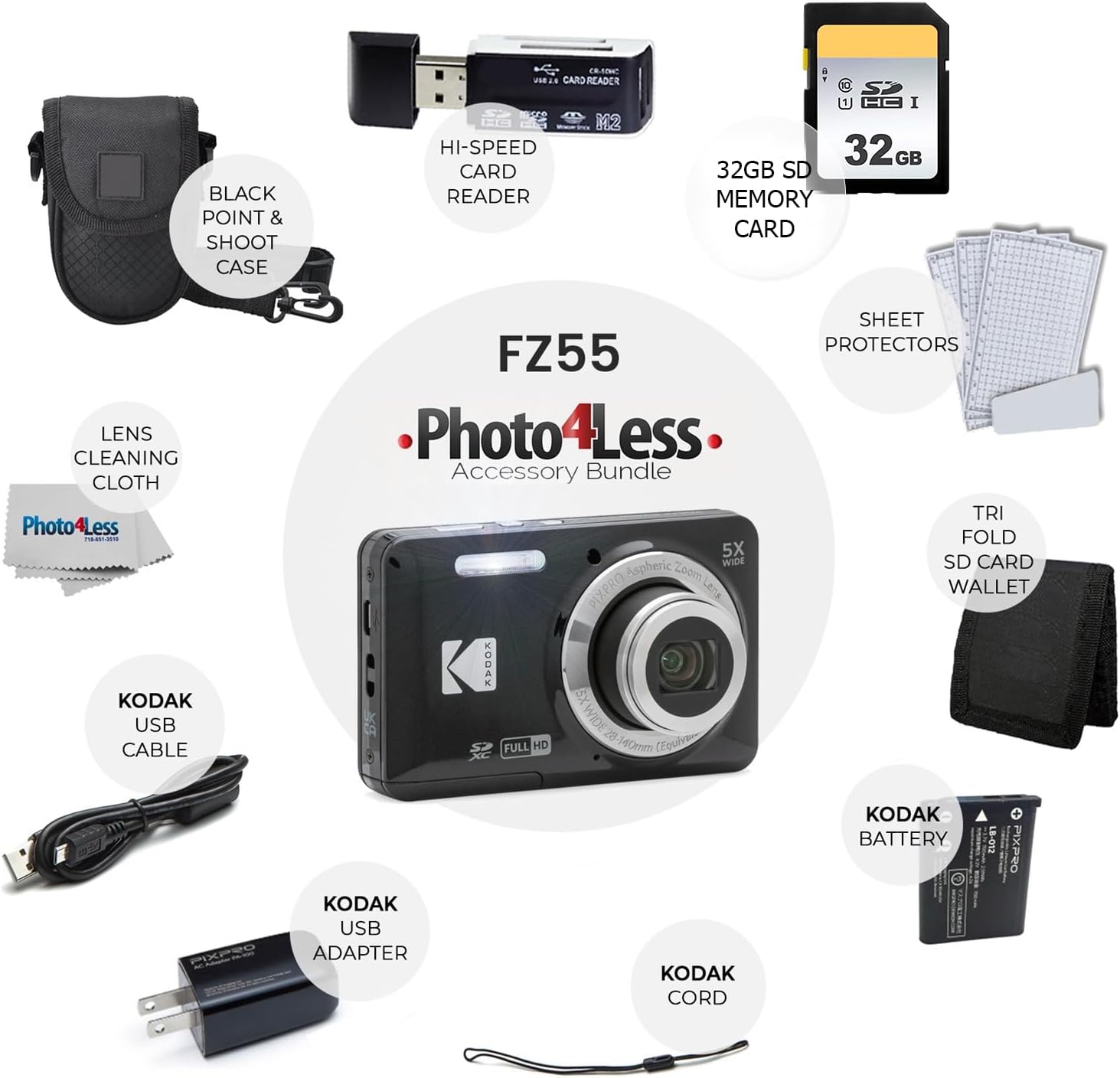 Kodak PIXPRO FZ55 Digital Camera (Black) + Black Point & Shoot Camera Case + Transcend 64GB SD Memory Card + Tri-fold Memory Card Wallet + Hi-Speed SD USB Card Reader + More!