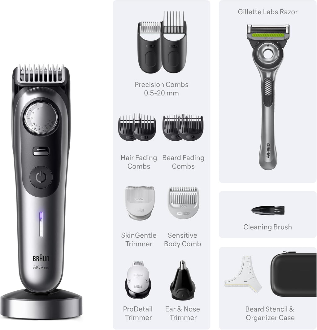 Braun All-in-One Series 9 PRO Men's Electric Beard Trimmer, Hair Clipper, Shaver & Razor for Face, Hair & Body, AIO 9570 with Gillette Labs Razor, Cordless