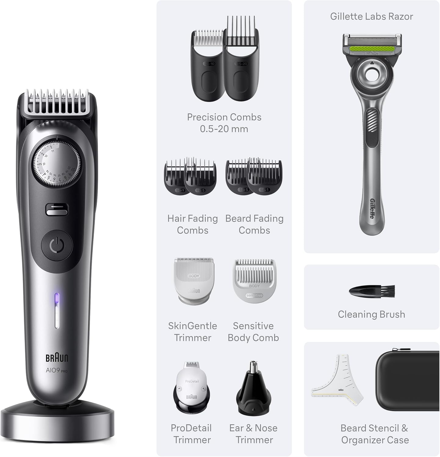 Braun All-in-One Series 9 PRO Men's Electric Beard Trimmer, Hair Clipper, Shaver & Razor for Face, Hair & Body, AIO 9570 with Gillette Labs Razor, Cordless