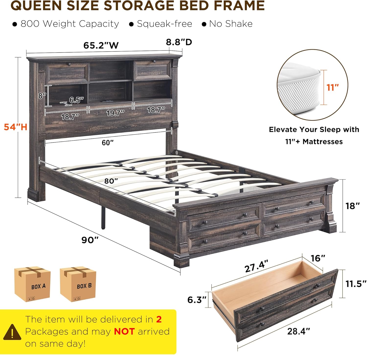 Farmhouse Queen Size Bed Frame with 54" Tall Headboard, Headboard with 4 Storage Rack, 2 Drawers, 18" Roman Column Decoration Footboard, Wood Platform Bed Frame, No Box Spring Needed(Dark Rustic Oak)