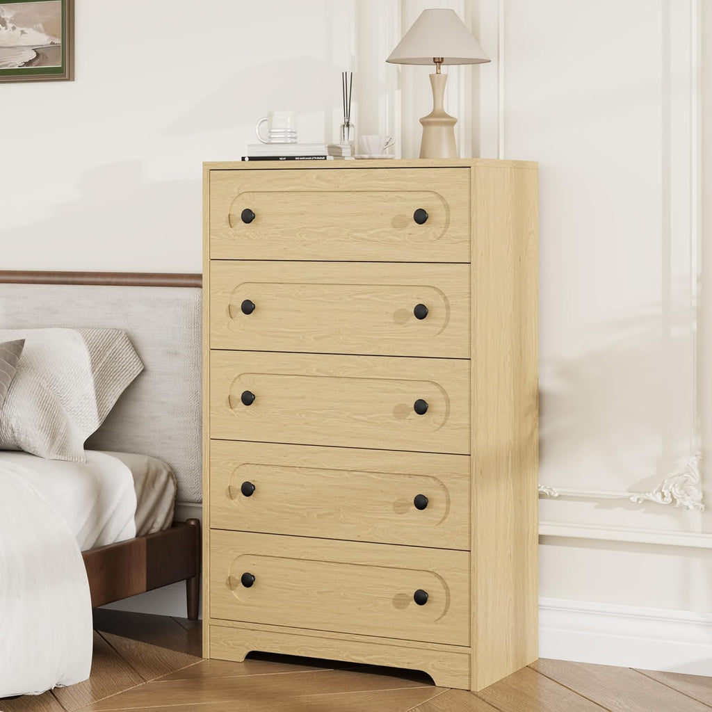 Garvee 5 Drawer Dresser for Bedroom, 50" Tall Large Dresser with Deep Drawers & Metal Knobs, Wooden Mid Century Modern Chest of Drawers for Living Room, Entryway, Hallway, Natural