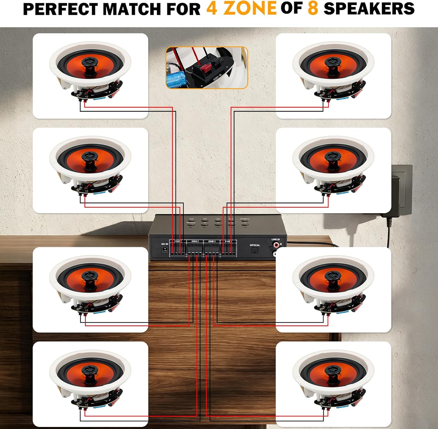 Herdio 6.5" Bluetooth Ceiling Speakers with 8-Channel 4-Zone Amplifier Set, Support Bluetooth 5.4 & Independent Power ON/Off Function for Home Theater, Multi-Room Audio System (8 Speakers)