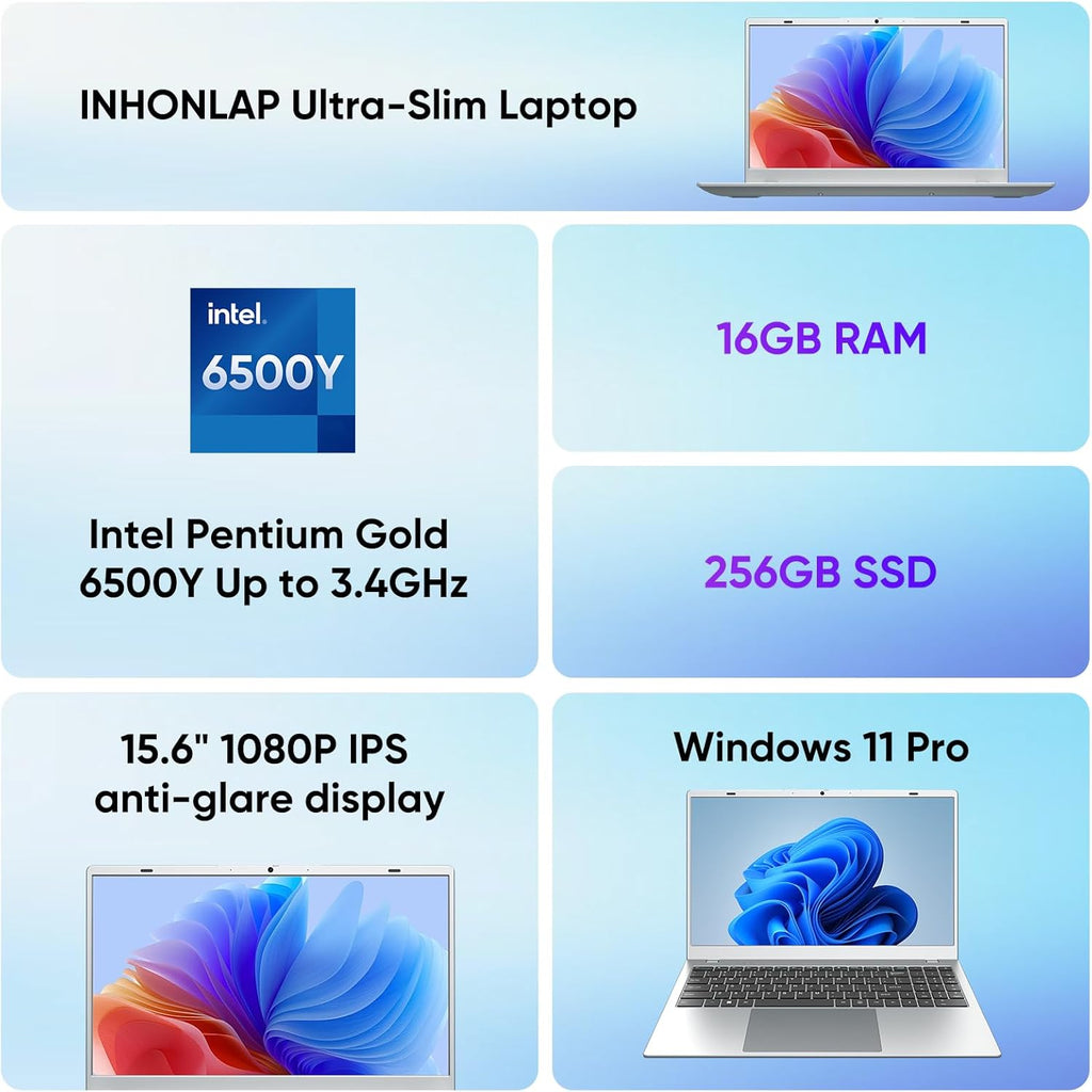Laptop Computer, 15.6" FHD IPS Display, Laptop for Student and Business, 16GB RAM 256GB SSD Laptops, 6500Y Processor (up to 3.4GHz), WiFi 5