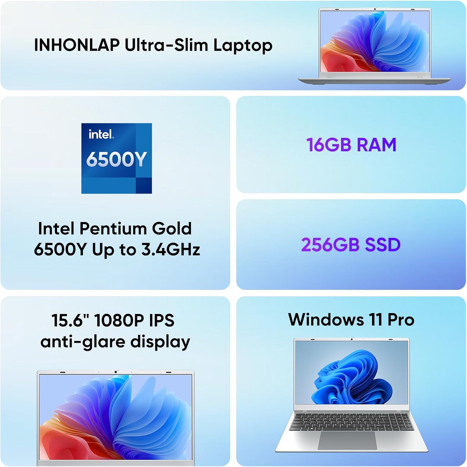 Laptop Computer, 15.6" FHD IPS Display, Laptop for Student and Business, 16GB RAM 256GB SSD Laptops, 6500Y Processor (up to 3.4GHz), WiFi 5