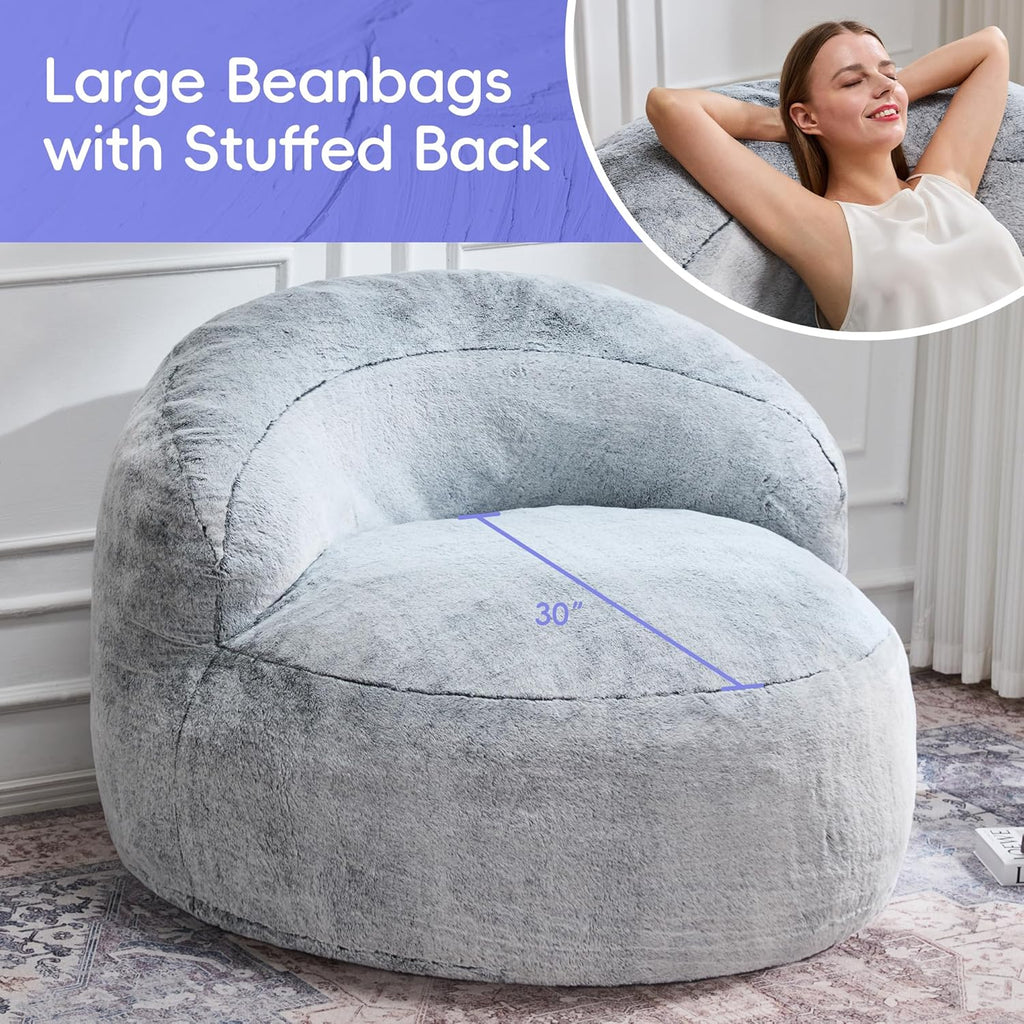 Hobestluk Bean Bag Chair Giant Bean Bag Chairs for Adults Big Bean Bag Chair with Memory Foam Filler Adults Large Beanbag with Faux Fur Cover for Bedroom (Plush Grey,Oversize)