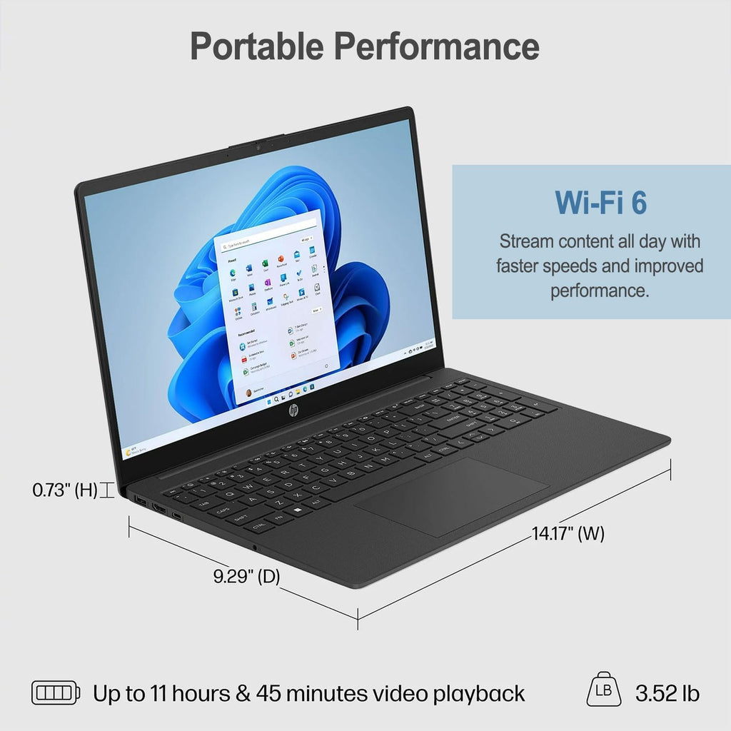 HP 15.6" Portable Laptop (Include 1 Year Microsoft 365), HD Display, Intel Quad-Core N200 Processor, 16GB RAM, 128GB Storage, Wi-Fi 6, Webcam, HDMI, Numeric Keypad, Windows 11 Home, Black