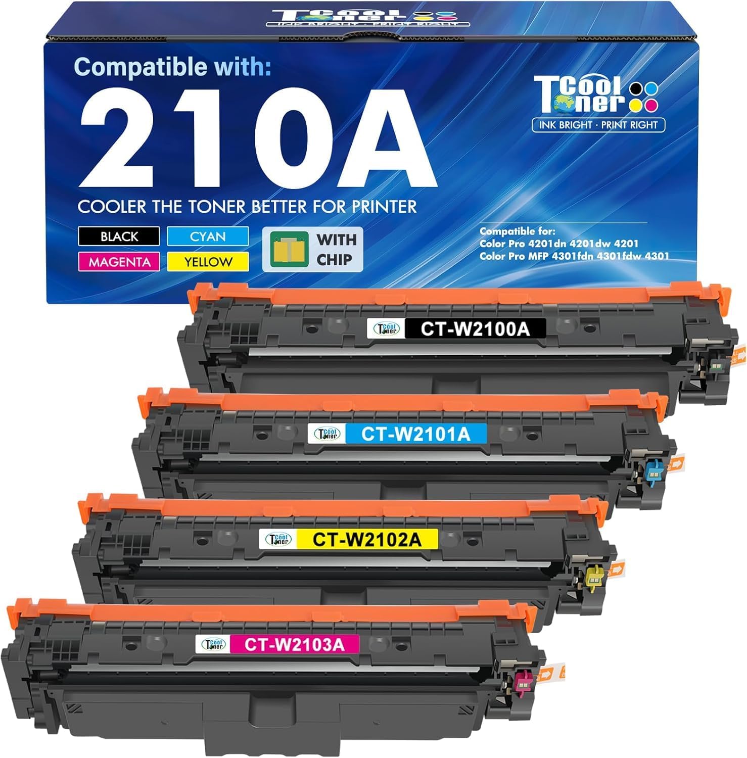 210A Toner Cartridges 4 Pack 210 4301fdw 4201dn Compatible for HP210A 210X for HP Color LaserJet Pro MFP 4301fdn 4201dn 4201dw W2100X W2100A Series Printer Ink ‎Black Cyan Yellow Magenta(with Chip)