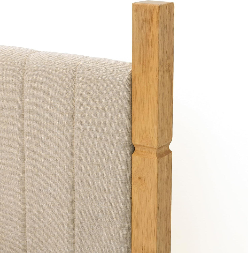 Yechen California King Bed Frame, Solid Wood Bed Frame CA-King Size with Upholstered Headboard, Platform Bedframe Noise Free, No Box Spring Needed, Beige Linen