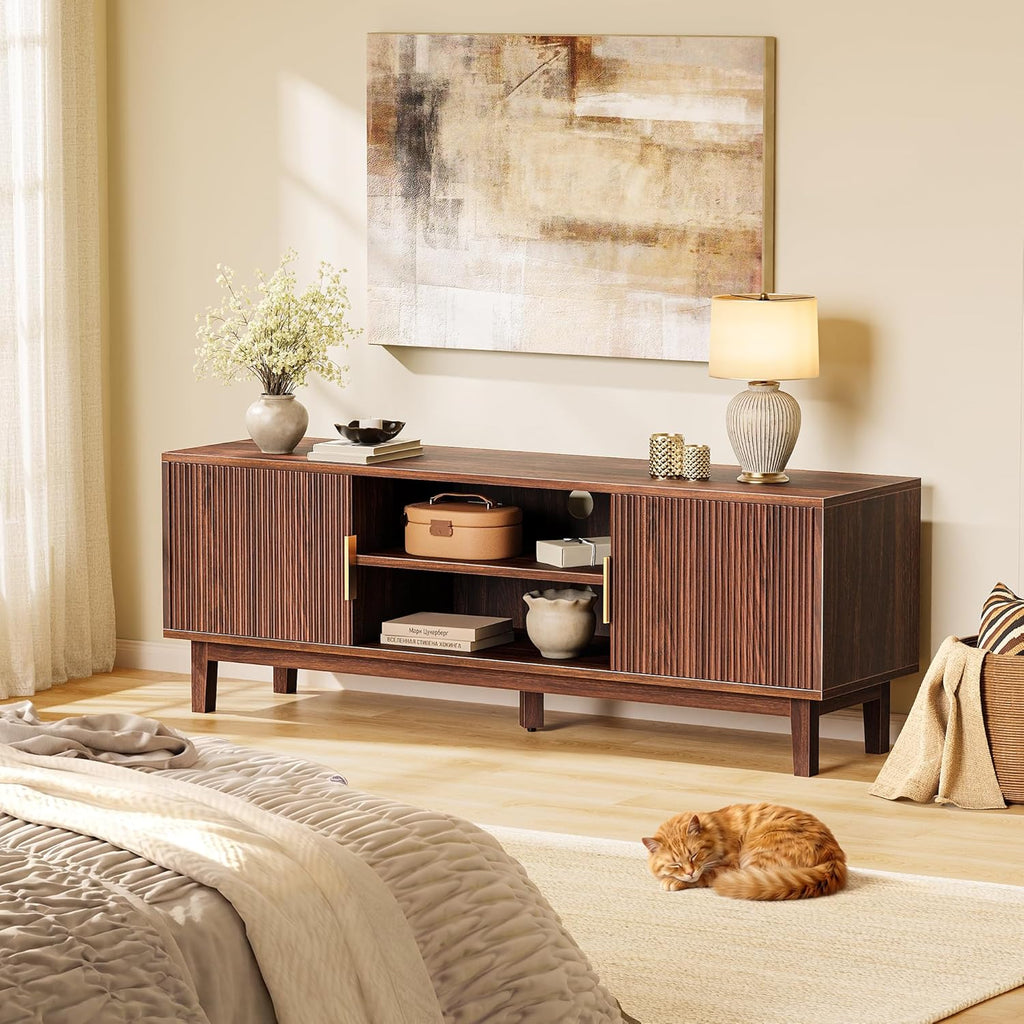 PRAISUN 54 Inch TV Stand for 50, 55 Inch TV, Fluted Entertainment Center with 2 Cabinets, TV Consoles for Living Room, 3-Level Adjustable Shelf, 4 Cable Holes, Meida Console, Walnut