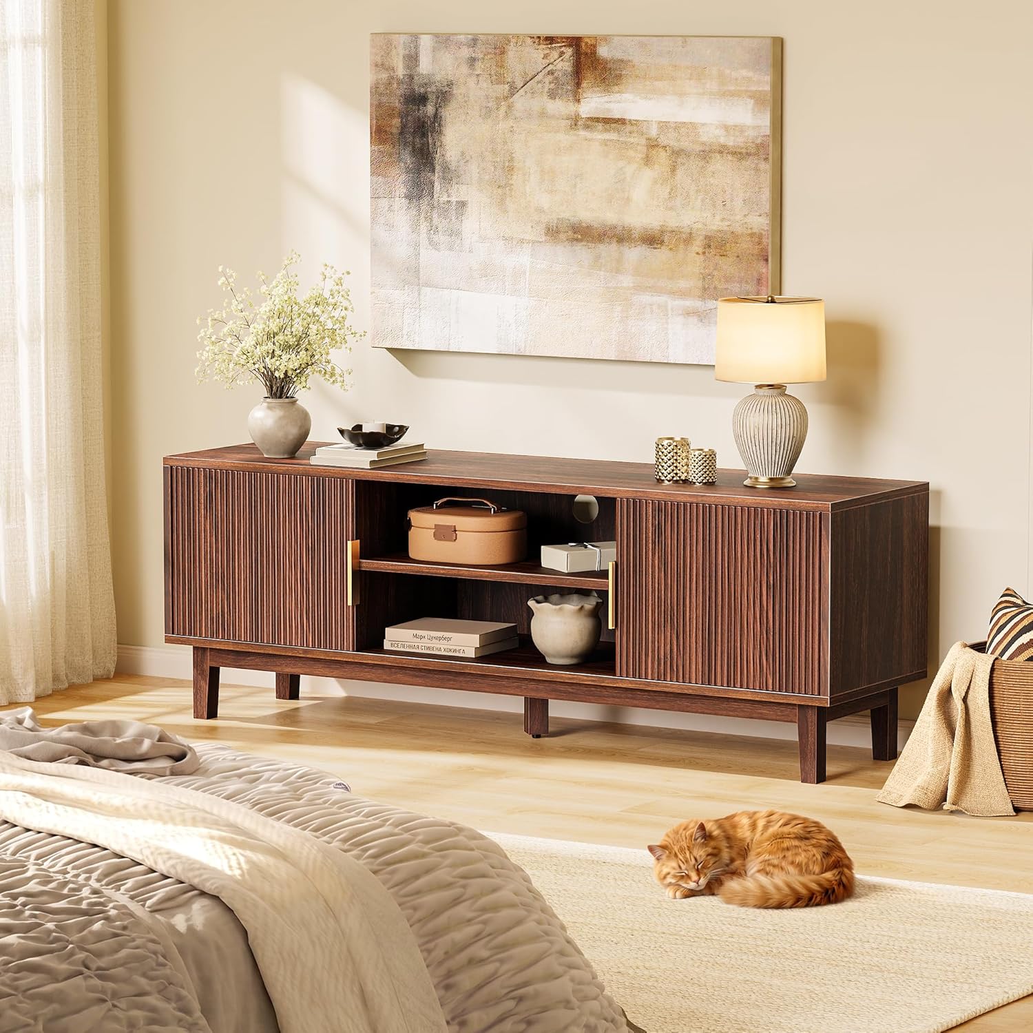 PRAISUN 54 Inch TV Stand for 50, 55 Inch TV, Fluted Entertainment Center with 2 Cabinets, TV Consoles for Living Room, 3-Level Adjustable Shelf, 4 Cable Holes, Meida Console, Walnut
