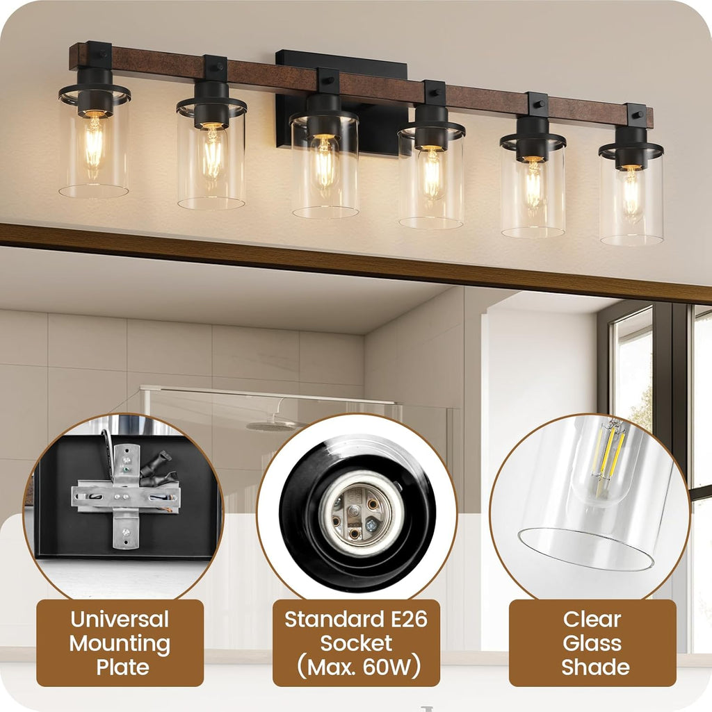 6-Light Bathroom Light Fixture, Vanity Lights for Bathroom with Glass Shade, Rustic Bathroom Light Fixtures, E26 Base F12BD05