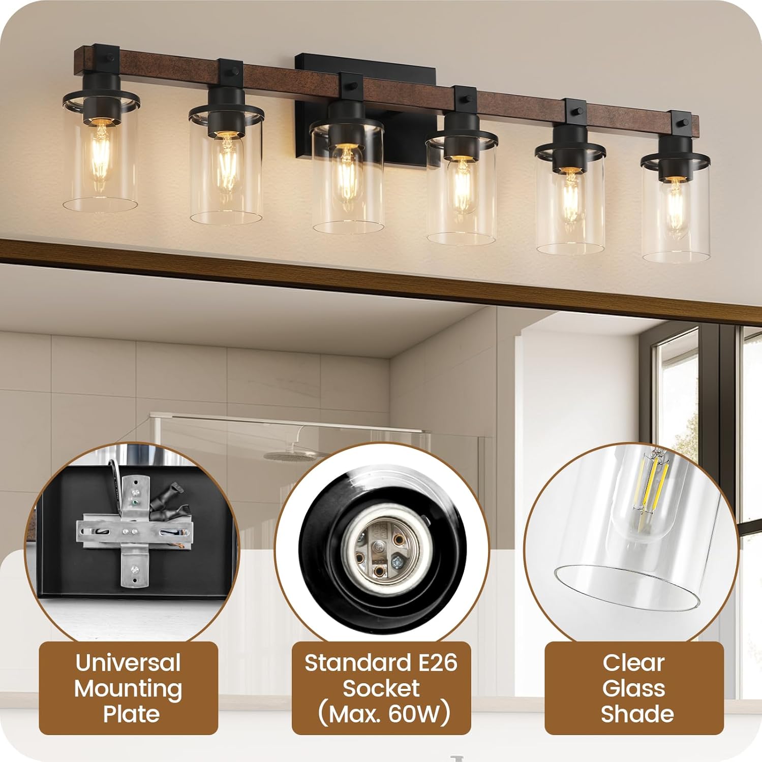 6-Light Bathroom Light Fixture, Vanity Lights for Bathroom with Glass Shade, Rustic Bathroom Light Fixtures, E26 Base F12BD05
