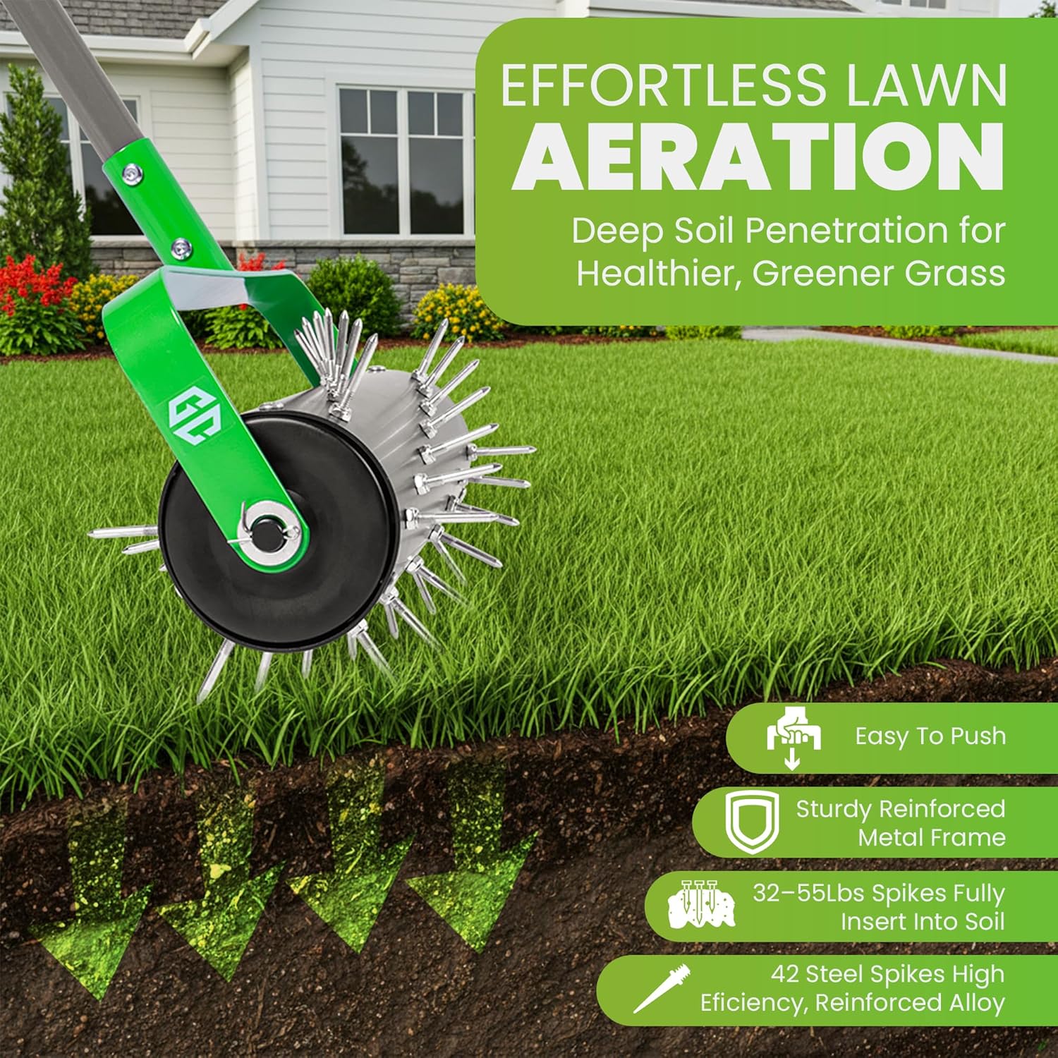 GrdnCare Rolling Lawn Aerator Tool, Heavy-Duty Manual Aerator Lawn Tool - 42 Spike Aerator Lawn Tool with 71" Adjustable Handle for Compact Soil -Push Soil Penetrator for Farm Care & Garden Yard Patio