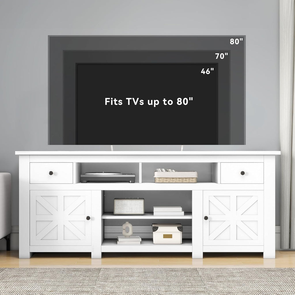 DWVO Farmhouse TV Stand for 75/80 Inches TVs, Entertainment Centers Furniture 30" Tall, TV Consoles with Storage Drawers & Power Outlet, Rustic TV Stands for Living Room, White