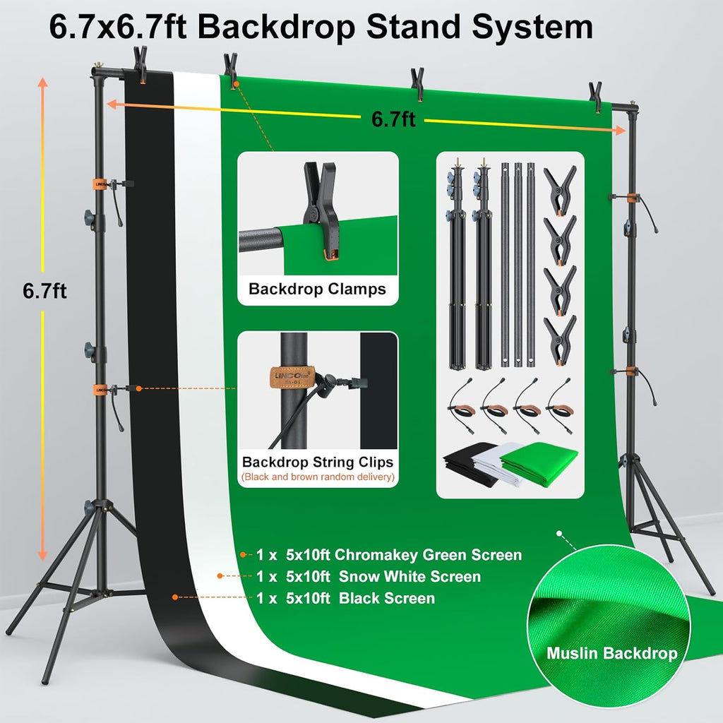 LINCO Lincostore Photo Video Studio Light Kit AM169 - Including 3 Color Backdrops (Black/White/Green) Background Screen