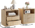 IRONCK Fluted Night Stand Set of 2, Modern Nightstand with Charging Station, Drawers and Open Shelves - Bedside Table Wood Side Table Set for Bedroom, Oak