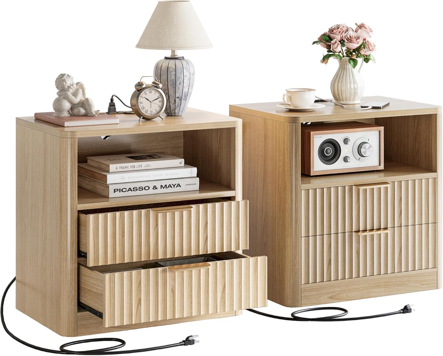 IRONCK Fluted Night Stand Set of 2, Modern Nightstand with Charging Station, Drawers and Open Shelves - Bedside Table Wood Side Table Set for Bedroom, Oak