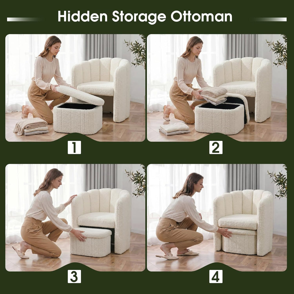 Homkdom Barrel Accent Chair with Storage Ottoman, Teddy Fleece Shell Back with Lumbar Support, Spring Foam Seat, 300 lbs, for Bedroom Reading Corner, Creamy White