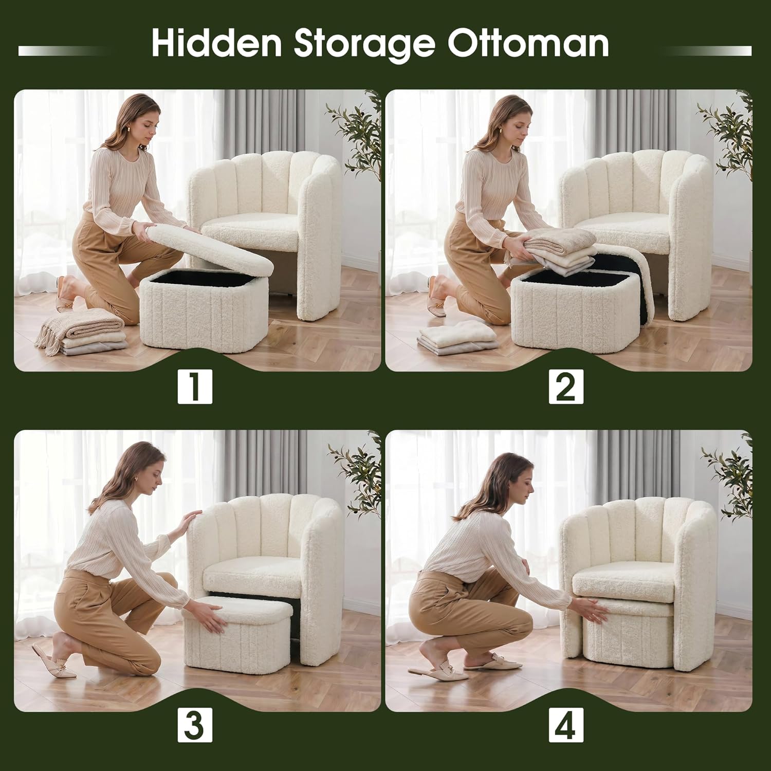 Homkdom Barrel Accent Chair with Storage Ottoman, Teddy Fleece Shell Back with Lumbar Support, Spring Foam Seat, 300 lbs, for Bedroom Reading Corner, Creamy White