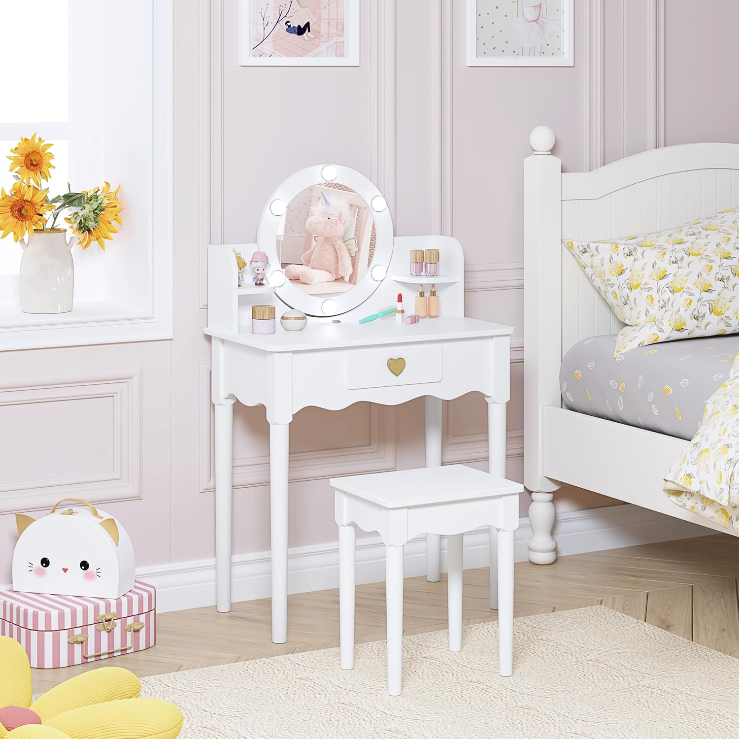 UTEX Kids Vanity, Girls Vanity Set with Mirror and Stool and Lights, Kids Vanity Table and Chair Set,Wooden Princess Makeup Desk Dressing Table, White