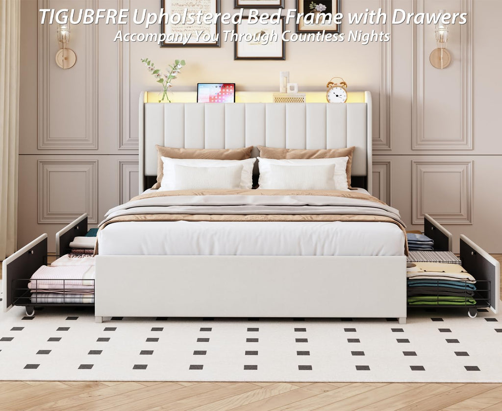 Queen Bed Frame with 4 Drawers and Storage Headboard, Upholstered Platform Bed Frame Queen Size with Led Lights and Handy Charging Station, No Box Spring Needed, Easy Assembly, Noise Free, Beige