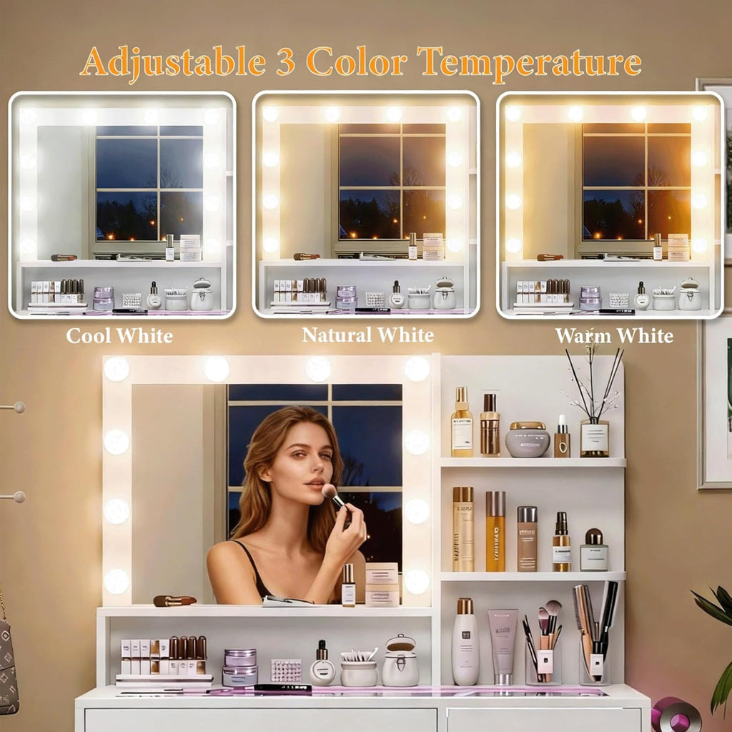 White Vanity Desk with Mirror and Lights, Vanitys with Glass Top & Power Outlet, Dressing Table with 36 Lighting Modes Brightness Adjustable RGB Drawers, for Women Girls Bedroom (White)
