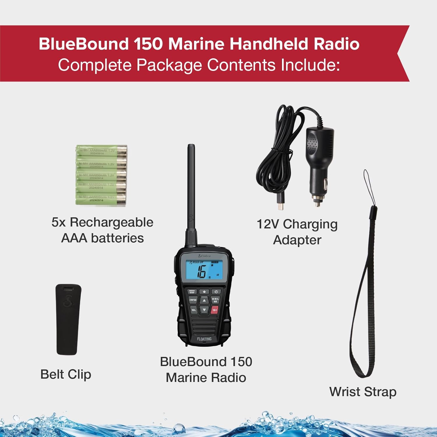 Cobra BlueBound 150 VHF Handheld Marine Radio - Black - 3-Watt, Floating, Long Range, NOAA Weather Alerts, International Functionality, IPX7 Waterproof, USB-C, Submersible, LCD Screen, Belt Clip